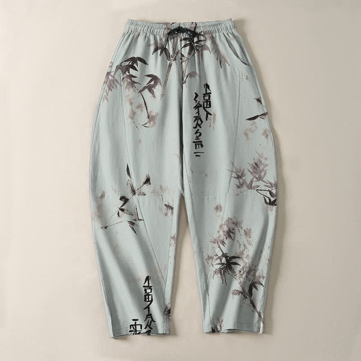 Buddha Stones Pantalones de hombre de algodón puro con estampado de caligrafía en bambú, cordón ajustable y bolsillos. - image 13