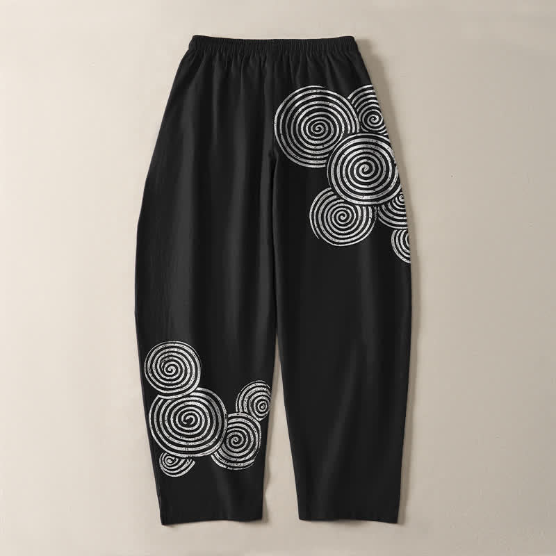 Buddha Stones Pantalones de hombre de algodón puro con estampado espiral concéntrico, cordón ajustable y bolsillos. - image 3