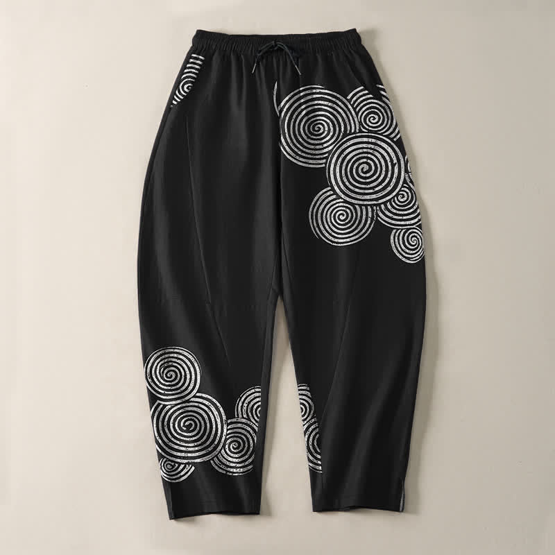 Buddha Stones Pantalones de hombre de algodón puro con estampado espiral concéntrico, cordón ajustable y bolsillos. - image 2