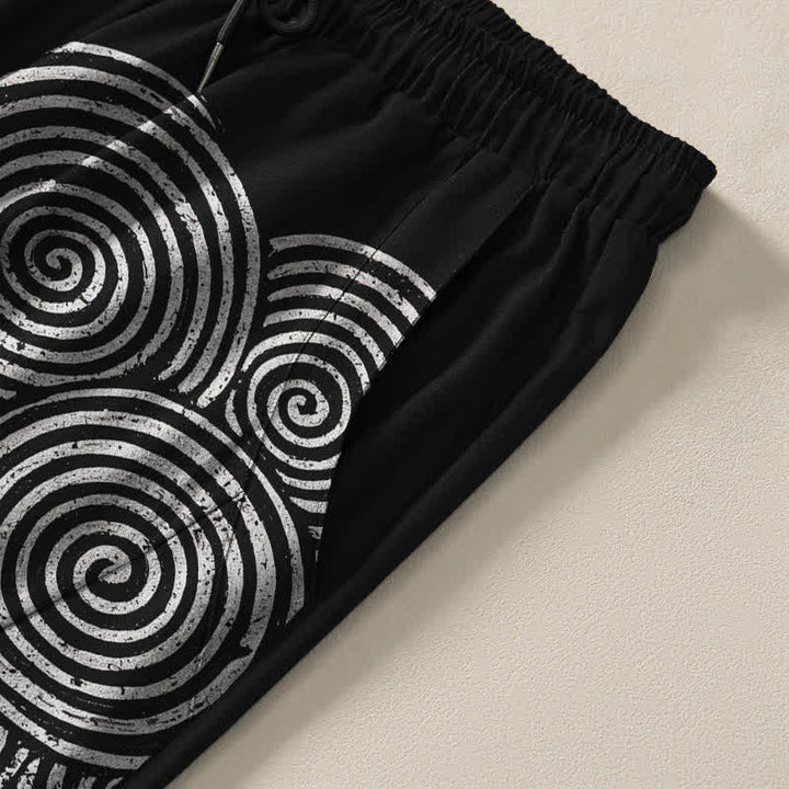 Buddha Stones Pantalones de hombre de algodón puro con estampado espiral concéntrico, cordón ajustable y bolsillos. - image 4