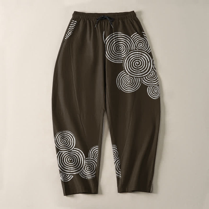 Buddha Stones Pantalones de hombre de algodón puro con estampado espiral concéntrico, cordón ajustable y bolsillos. - image 9