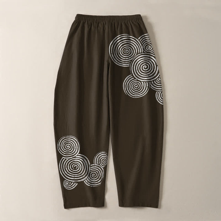 Buddha Stones Pantalones de hombre de algodón puro con estampado espiral concéntrico, cordón ajustable y bolsillos. - image 10