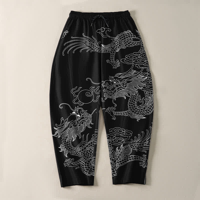 Buddha Stones Pantalones de hombre de algodón puro con estampado de dragón imperial, cordón ajustable y corte cónico, con bolsillos. - image 2