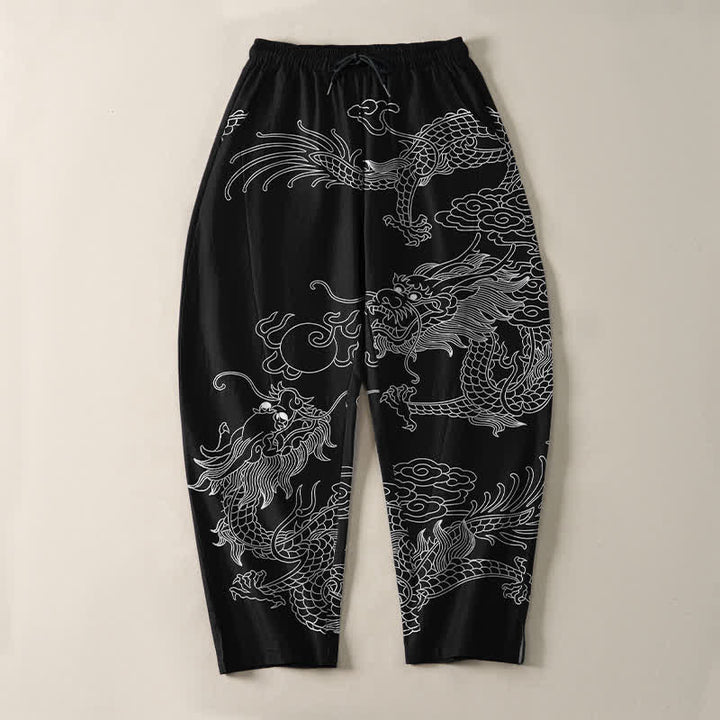 Buddha Stones Pantalones de hombre de algodón puro con estampado de dragón imperial, cordón ajustable y corte cónico, con bolsillos. - image 2