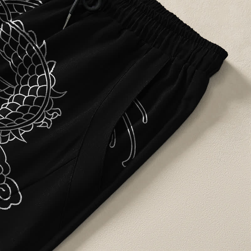 Buddha Stones Pantalones de hombre de algodón puro con estampado de dragón imperial, cordón ajustable y corte cónico, con bolsillos. - image 4