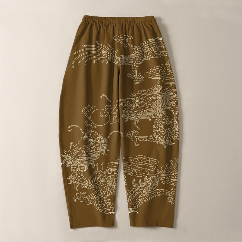 Buddha Stones Pantalones de hombre de algodón puro con estampado de dragón imperial, cordón ajustable y corte cónico, con bolsillos. - image 14