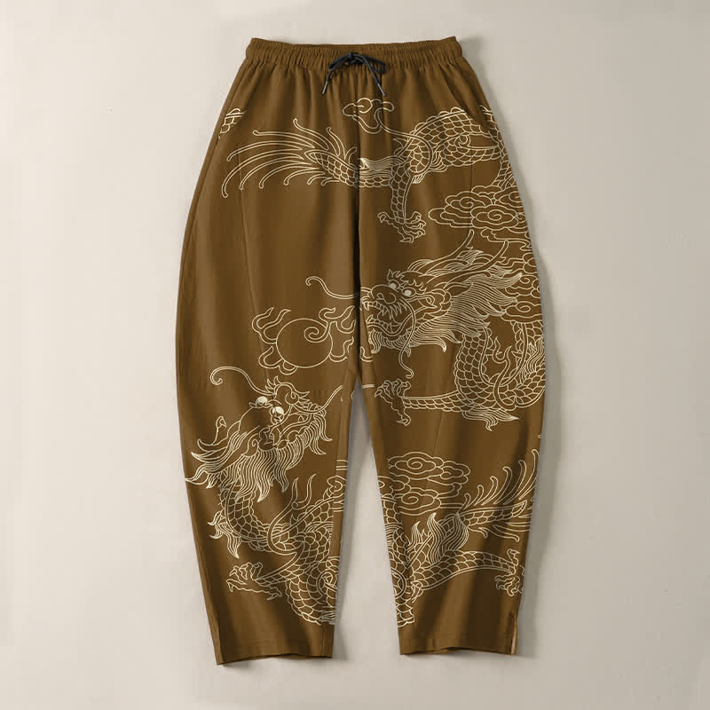 Buddha Stones Pantalones de hombre de algodón puro con estampado de dragón imperial, cordón ajustable y corte cónico, con bolsillos. - image 13