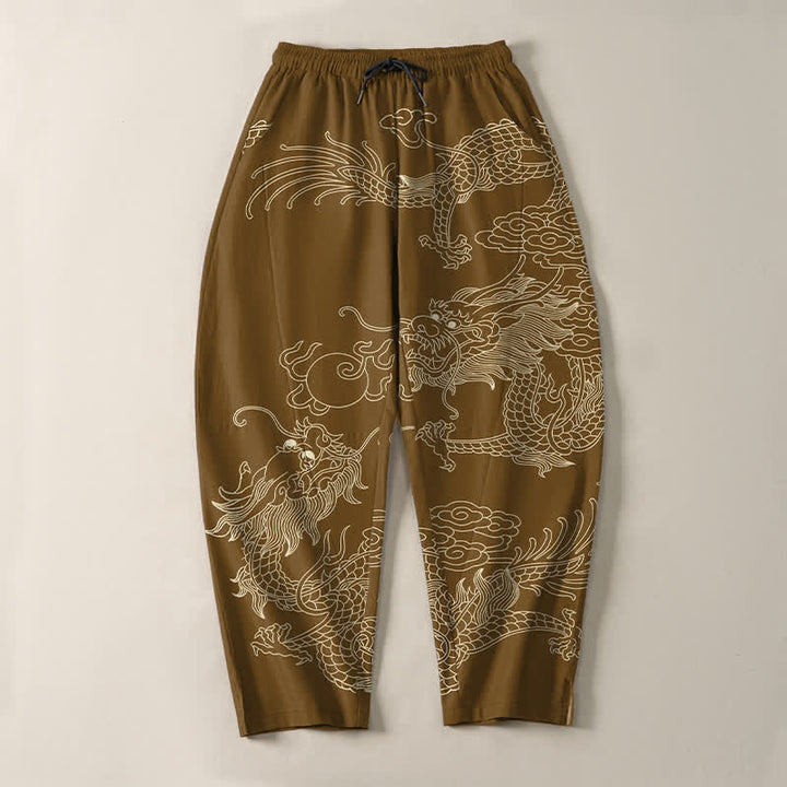 Buddha Stones Pantalones de hombre de algodón puro con estampado de dragón imperial, cordón ajustable y corte cónico, con bolsillos. - image 13