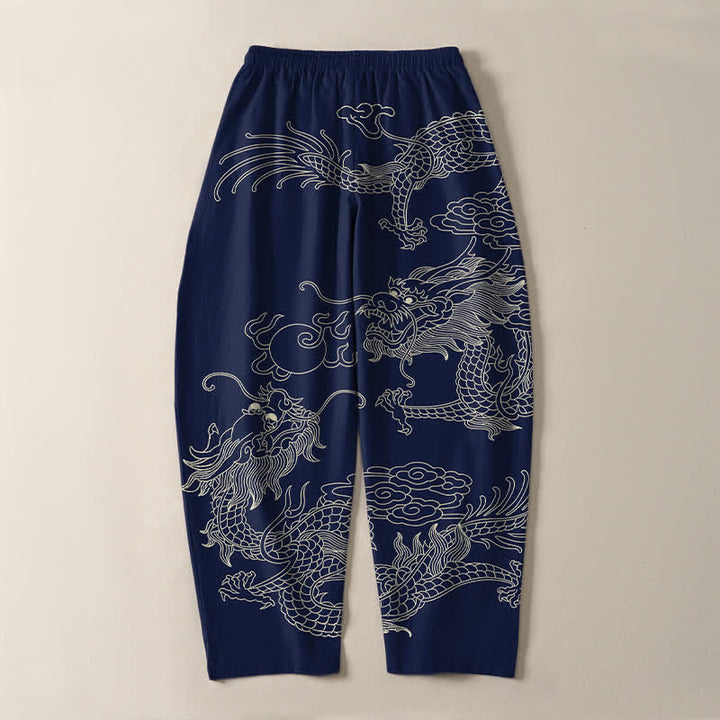 Buddha Stones Pantalones de hombre de algodón puro con estampado de dragón imperial, cordón ajustable y corte cónico, con bolsillos. - image 10