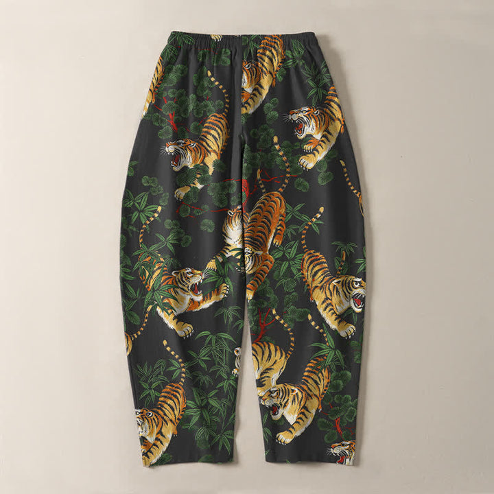 Buddha Stones Pantalones de hombre de algodón puro con estampado de hojas de bambú y tigre, con cordón ajustable y bolsillos. - image 3