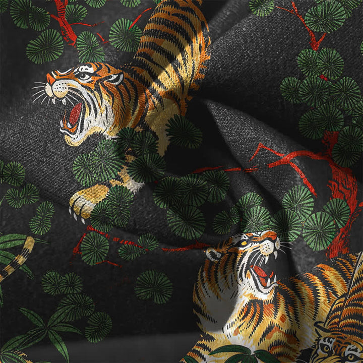 Buddha Stones Pantalones de hombre de algodón puro con estampado de hojas de bambú y tigre, con cordón ajustable y bolsillos. - image 6