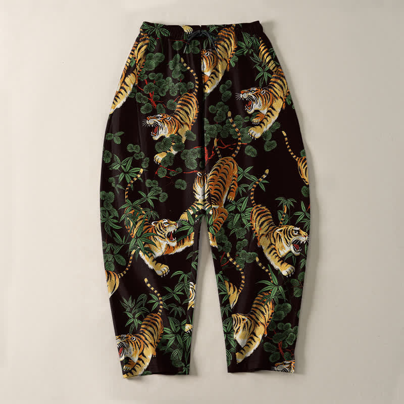 Buddha Stones Pantalones de hombre de algodón puro con estampado de hojas de bambú y tigre, con cordón ajustable y bolsillos. - image 9