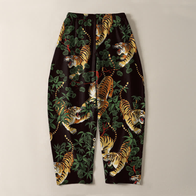 Buddha Stones Pantalones de hombre de algodón puro con estampado de hojas de bambú y tigre, con cordón ajustable y bolsillos. - image 10