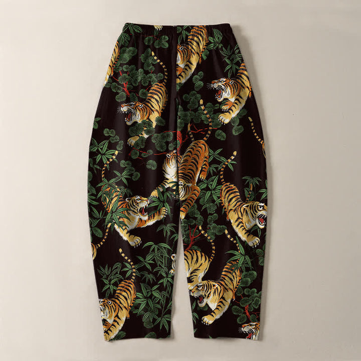 Buddha Stones Pantalones de hombre de algodón puro con estampado de hojas de bambú y tigre, con cordón ajustable y bolsillos. - image 10