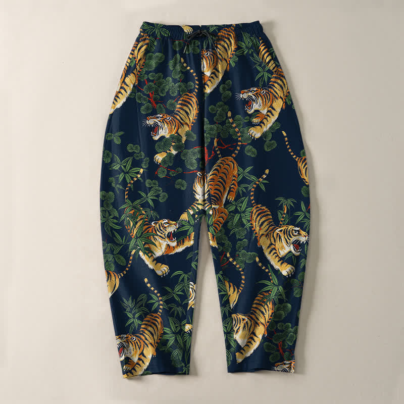 Buddha Stones Pantalones de hombre de algodón puro con estampado de hojas de bambú y tigre, con cordón ajustable y bolsillos. - image 13