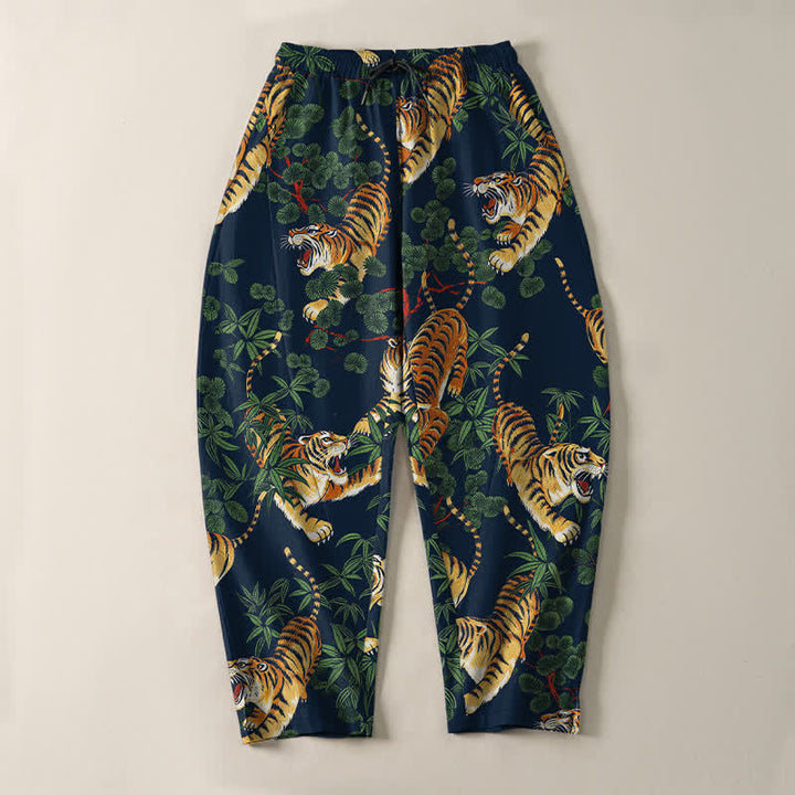 Buddha Stones Pantalones de hombre de algodón puro con estampado de hojas de bambú y tigre, con cordón ajustable y bolsillos. - image 13