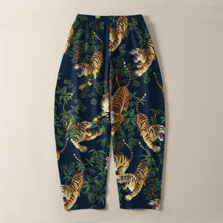 Buddha Stones Pantalones de hombre de algodón puro con estampado de hojas de bambú y tigre, con cordón ajustable y bolsillos. - image 14