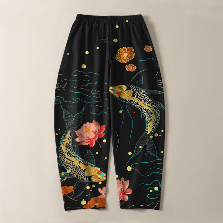 Buddha Stones Pantalones de hombre de algodón puro con estampado de olas de loto y carpa dorada, cordón ajustable y corte cónico, con bolsillos. - image 3
