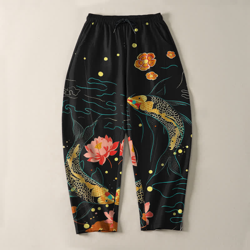 Buddha Stones Pantalones de hombre de algodón puro con estampado de olas de loto y carpa dorada, cordón ajustable y corte cónico, con bolsillos. - image 2