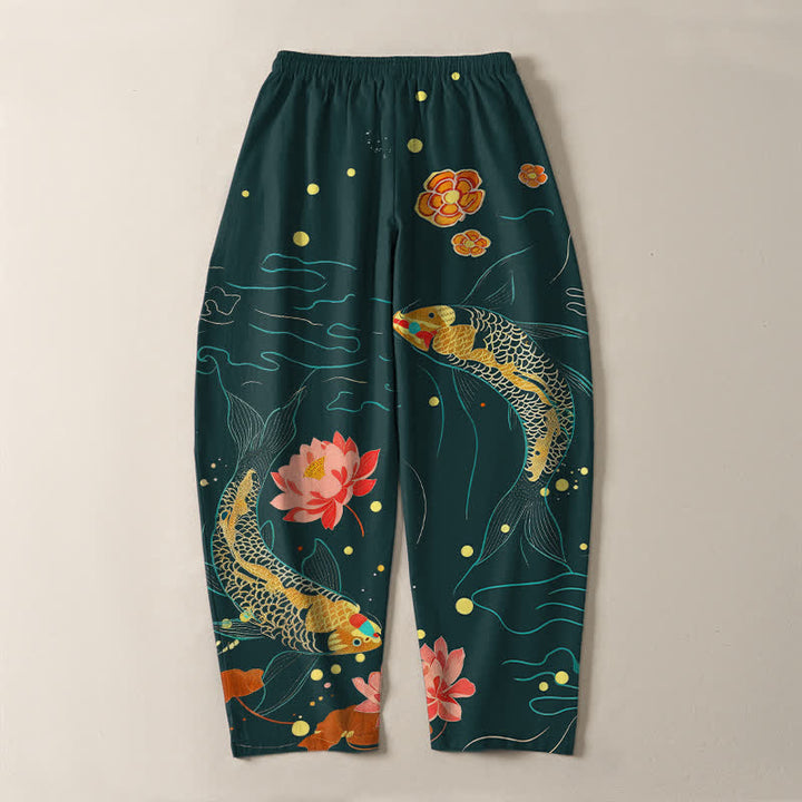 Buddha Stones Pantalones de hombre de algodón puro con estampado de olas de loto y carpa dorada, cordón ajustable y corte cónico, con bolsillos. - image 10