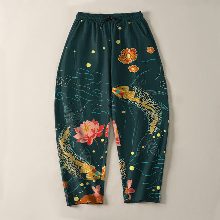 Buddha Stones Pantalones de hombre de algodón puro con estampado de olas de loto y carpa dorada, cordón ajustable y corte cónico, con bolsillos. - image 9