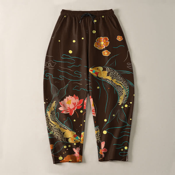 Buddha Stones Pantalones de hombre de algodón puro con estampado de olas de loto y carpa dorada, cordón ajustable y corte cónico, con bolsillos. - image 13