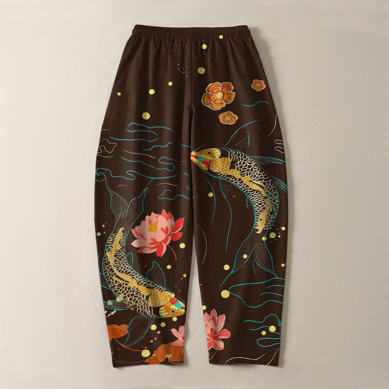 Buddha Stones Pantalones de hombre de algodón puro con estampado de olas de loto y carpa dorada, cordón ajustable y corte cónico, con bolsillos. - image 14
