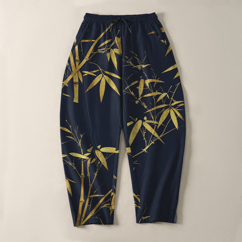 Buddha Stones Pantalones de hombre de algodón puro con estampado de bambú dorado, cordón ajustable y corte cónico, con bolsillos. - image 2