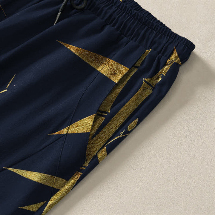 Buddha Stones Pantalones de hombre de algodón puro con estampado de bambú dorado, cordón ajustable y corte cónico, con bolsillos. - image 4