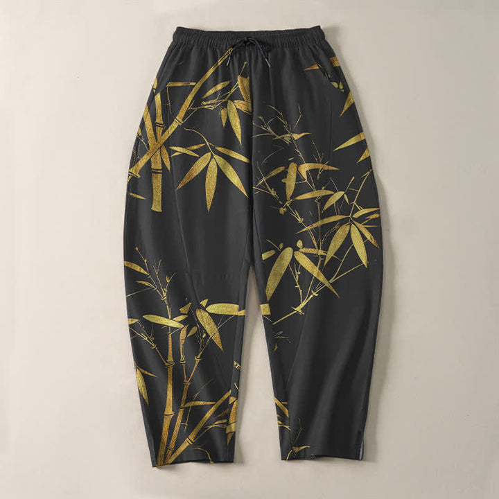 Buddha Stones Pantalones de hombre de algodón puro con estampado de bambú dorado, cordón ajustable y corte cónico, con bolsillos. - image 9