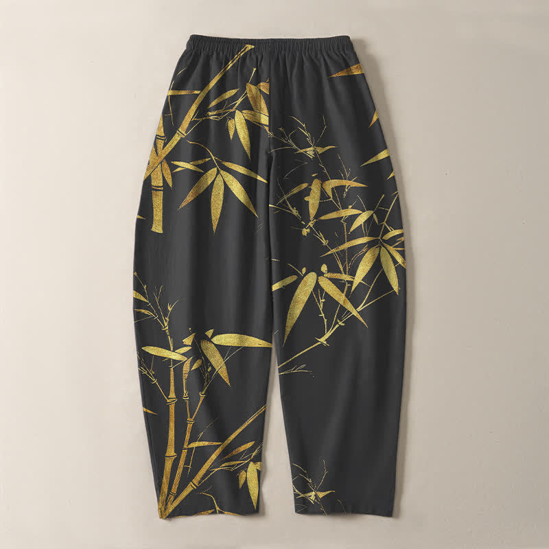 Buddha Stones Pantalones de hombre de algodón puro con estampado de bambú dorado, cordón ajustable y corte cónico, con bolsillos. - image 10