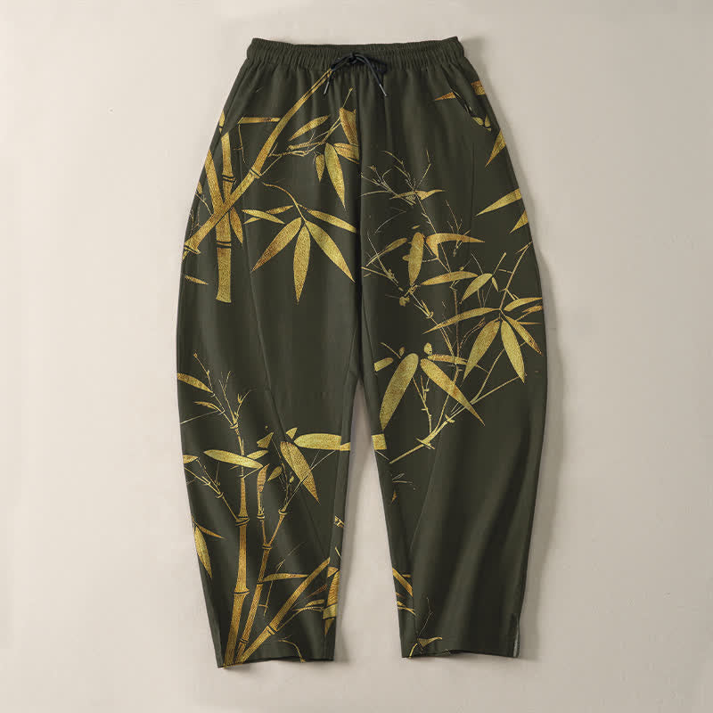 Buddha Stones Pantalones de hombre de algodón puro con estampado de bambú dorado, cordón ajustable y corte cónico, con bolsillos. - image 13