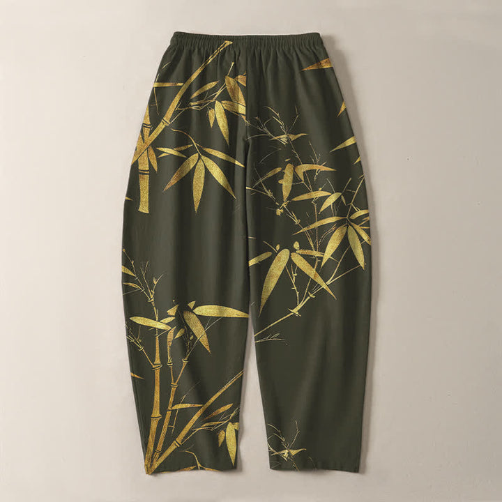 Buddha Stones Pantalones de hombre de algodón puro con estampado de bambú dorado, cordón ajustable y corte cónico, con bolsillos. - image 14