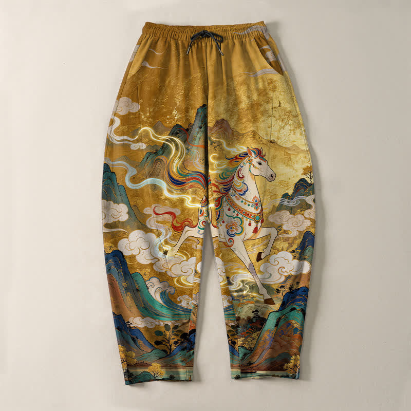Buddha Stones Pantalones de hombre de algodón puro con estampado de caballo blanco, cordón ajustable y corte cónico, con bolsillos. - image 2