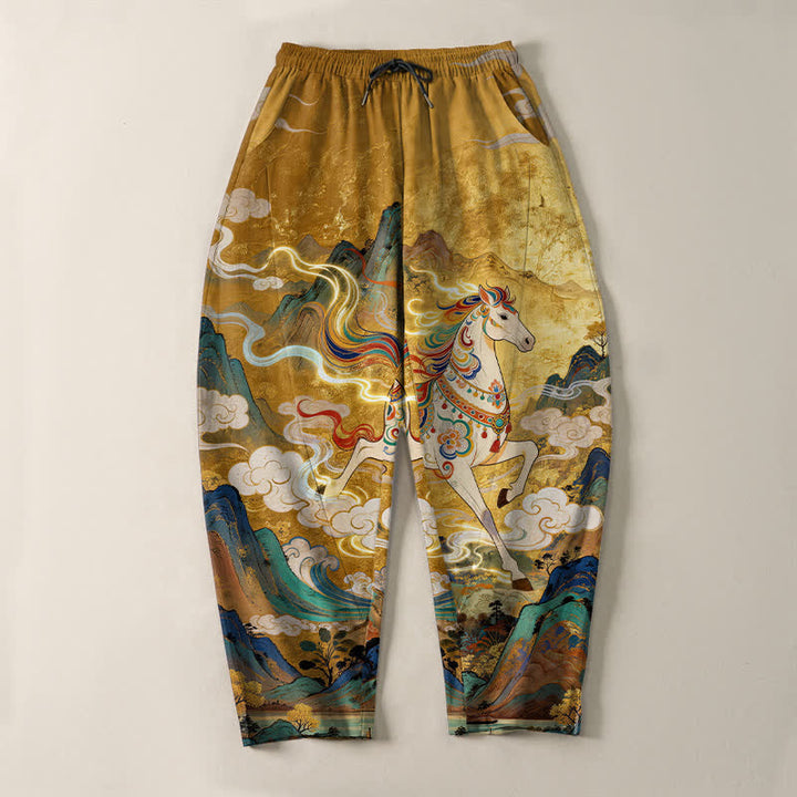 Buddha Stones Pantalones de hombre de algodón puro con estampado de caballo blanco, cordón ajustable y corte cónico, con bolsillos. - image 2