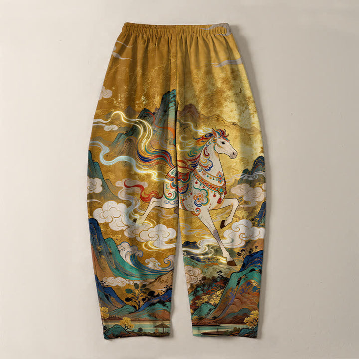 Buddha Stones Pantalones de hombre de algodón puro con estampado de caballo blanco, cordón ajustable y corte cónico, con bolsillos. - image 3