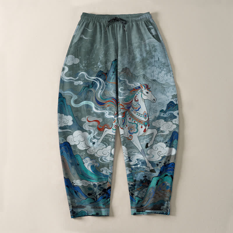 Buddha Stones Pantalones de hombre de algodón puro con estampado de caballo blanco, cordón ajustable y corte cónico, con bolsillos. - image 9