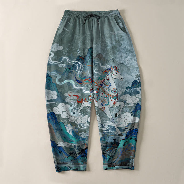 Buddha Stones Pantalones de hombre de algodón puro con estampado de caballo blanco, cordón ajustable y corte cónico, con bolsillos. - image 9