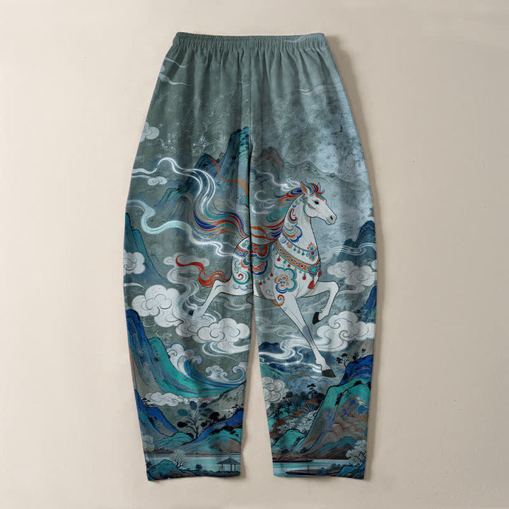 Buddha Stones Pantalones de hombre de algodón puro con estampado de caballo blanco, cordón ajustable y corte cónico, con bolsillos. - image 10