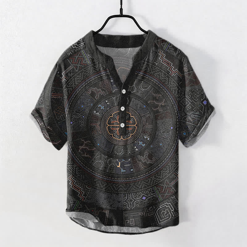 Buddha Stones Camisa de manga corta con medio botón y estampado tribal de mandala para hombre, de algodón. - Negro - US/UK/AU50, EU60 (5XL) - image 0