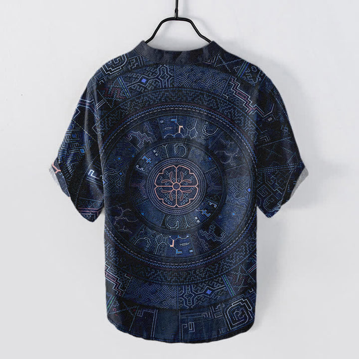Buddha Stones Camisa de manga corta con medio botón y estampado tribal de mandala para hombre, de algodón. - image 6
