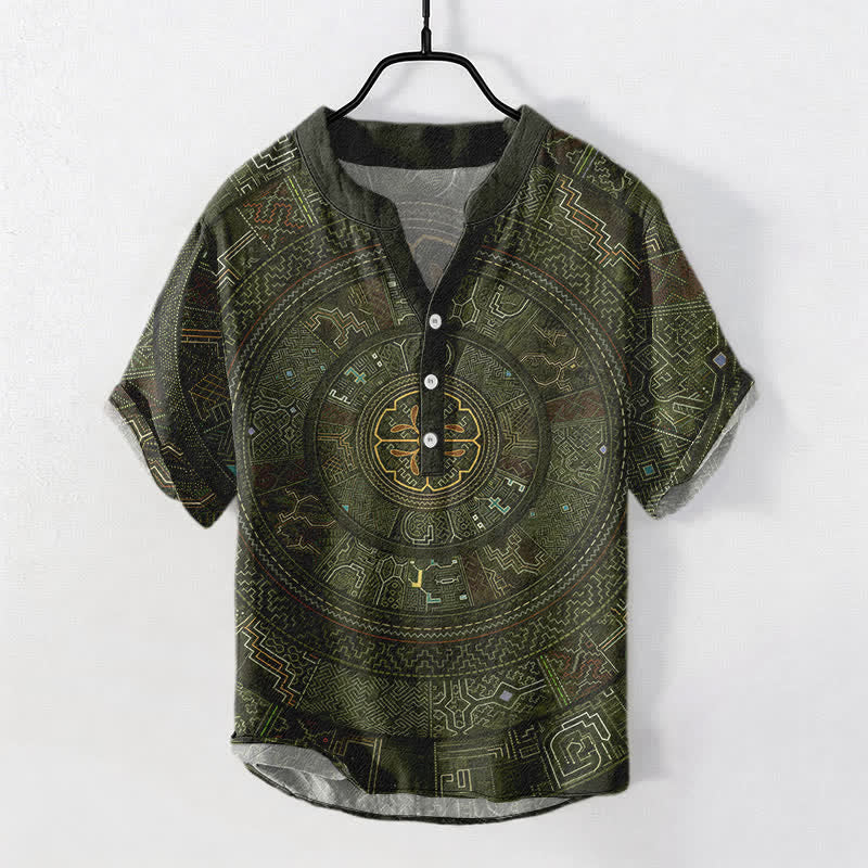 Buddha Stones Camisa de manga corta con medio botón y estampado tribal de mandala para hombre, de algodón. - Verde oliva oscuro - US/UK/AU50, EU60 (5XL) - image 7