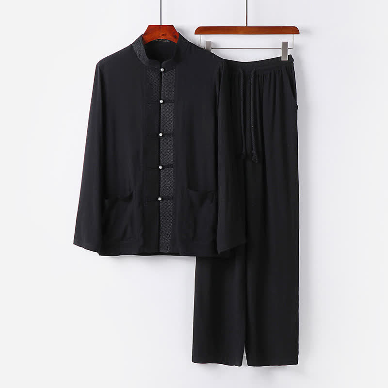 Buddha Stones Conjunto de 2 piezas: Camisa de manga larga y pantalón estilo Spring Tang con cuello mandarín y botones de rana, color liso, para hombre, ideal para meditación, con bolsillos. - Negro - US/UK/AU48, EU58 (6XL) - image 12