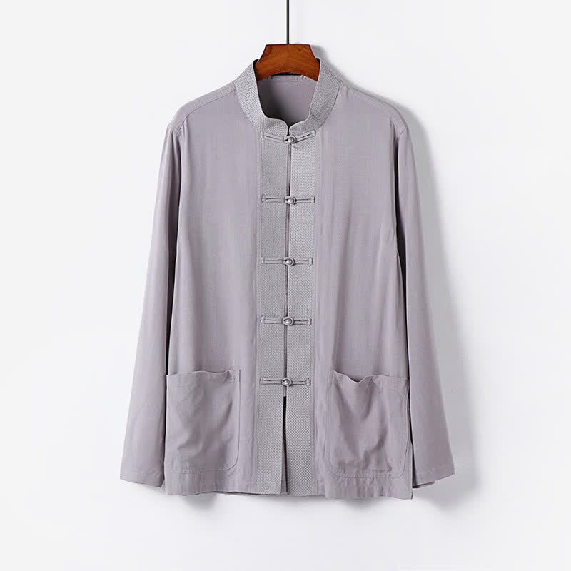Buddha Stones Conjunto de 2 piezas: Camisa de manga larga y pantalón estilo Spring Tang con cuello mandarín y botones de rana, color liso, para hombre, ideal para meditación, con bolsillos. - image 10