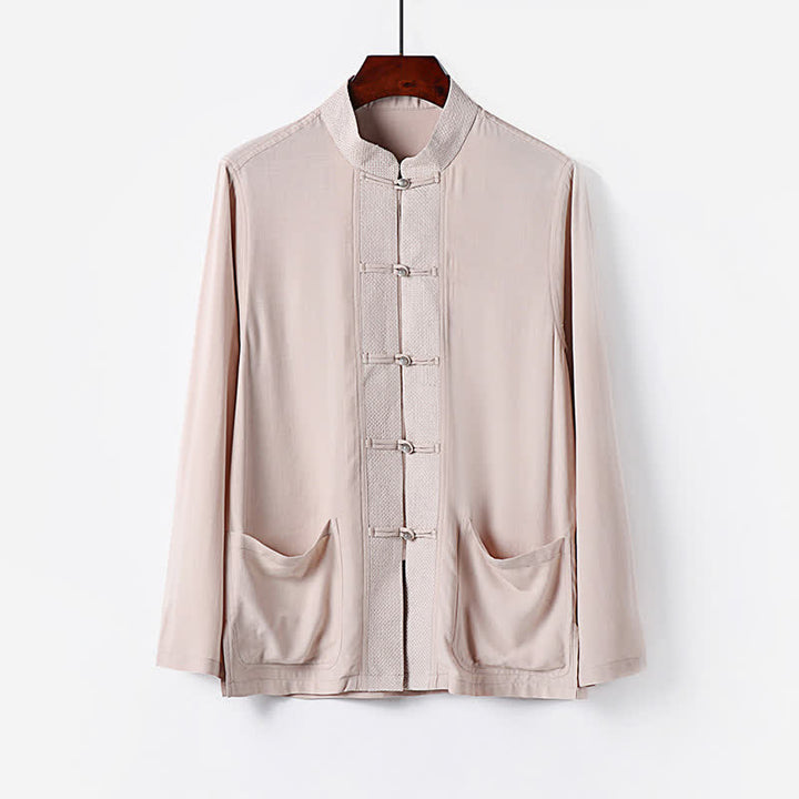 Buddha Stones Conjunto de 2 piezas: Camisa de manga larga y pantalón estilo Spring Tang con cuello mandarín y botones de rana, color liso, para hombre, ideal para meditación, con bolsillos. - image 1