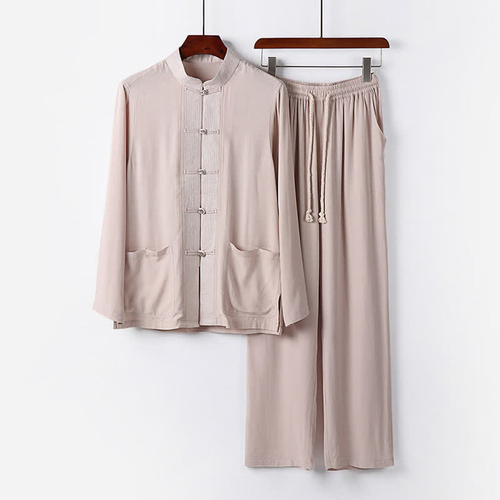Buddha Stones Conjunto de 2 piezas: Camisa de manga larga y pantalón estilo Spring Tang con cuello mandarín y botones de rana, color liso, para hombre, ideal para meditación, con bolsillos. - Beige - US/UK/AU48, EU58 (6XL) - image 0