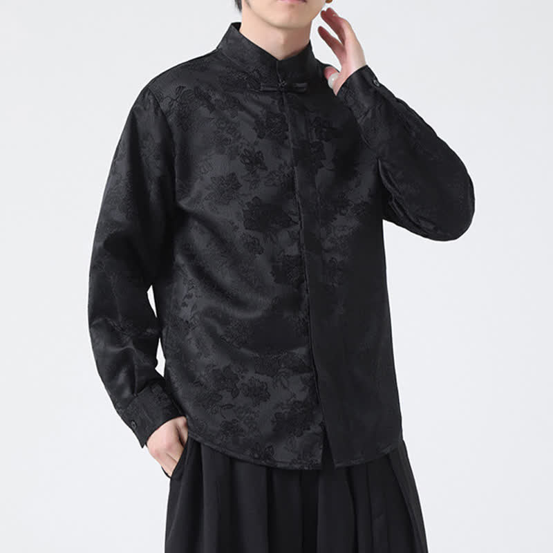 Buddha Stones Camisas de manga larga para hombre con cuello mandarín y estampado floral, estilo elegante Tang, ideales para otoño. - image 2