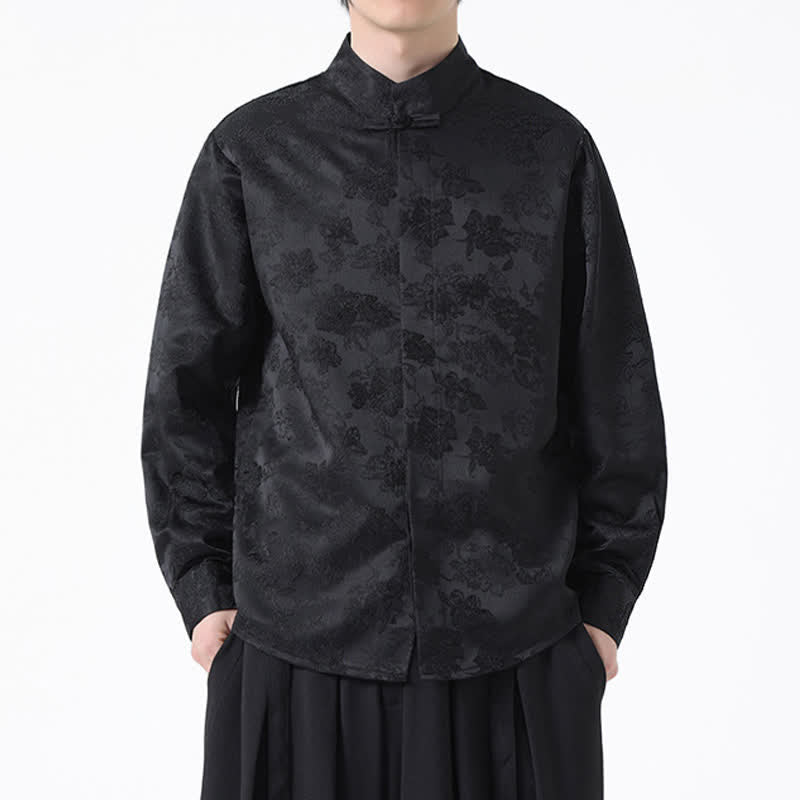 Buddha Stones Camisas de manga larga para hombre con cuello mandarín y estampado floral, estilo elegante Tang, ideales para otoño. - image 1