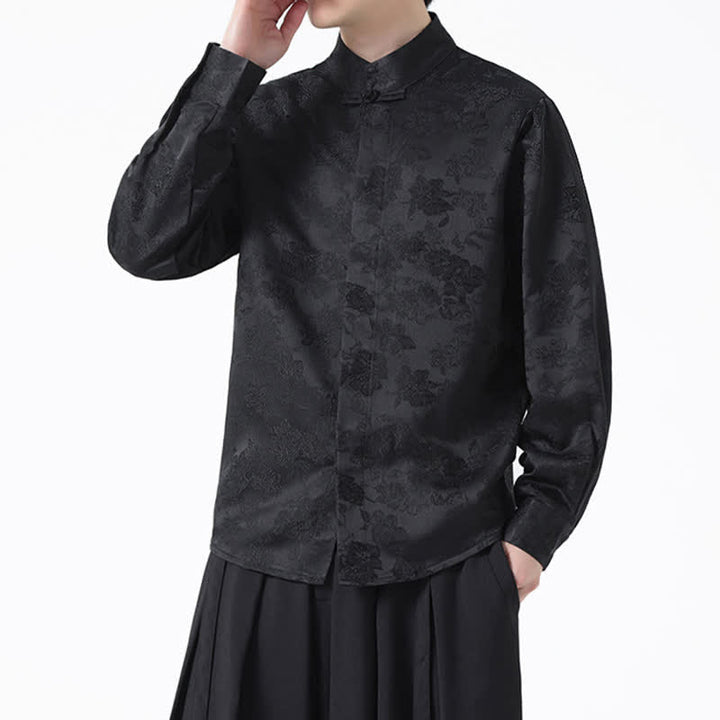 Buddha Stones Camisas de manga larga para hombre con cuello mandarín y estampado floral, estilo elegante Tang, ideales para otoño. - image 4