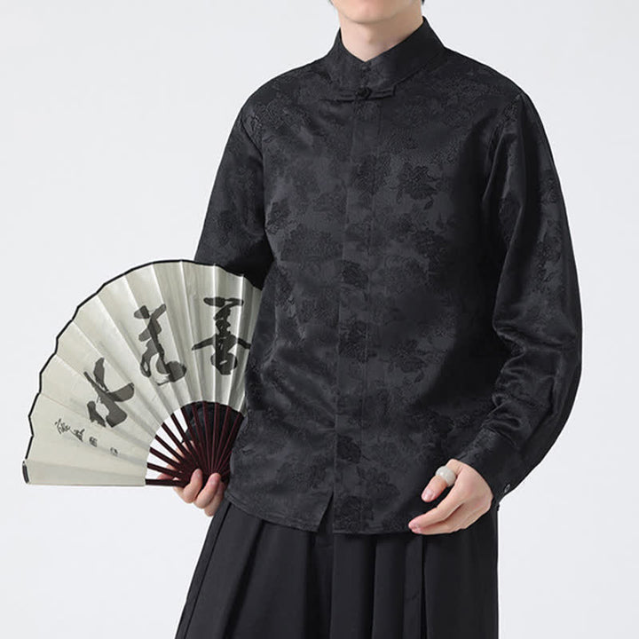 Buddha Stones Camisas de manga larga para hombre con cuello mandarín y estampado floral, estilo elegante Tang, ideales para otoño. - Negro - US/UK/AU44, EU54 (4XL) - image 0